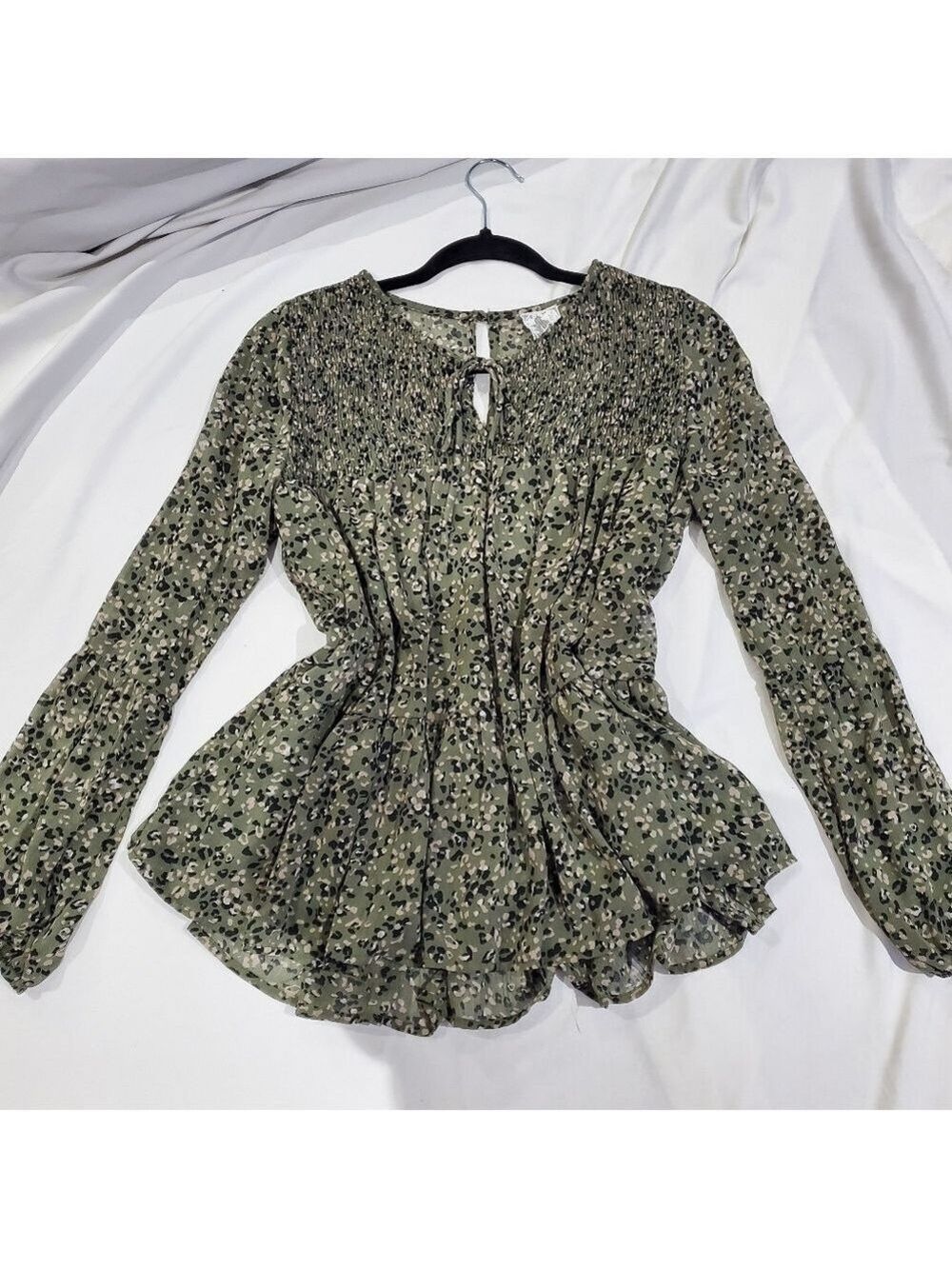 Sweet Grey Green Leopard Print Peplum Blouse Medium